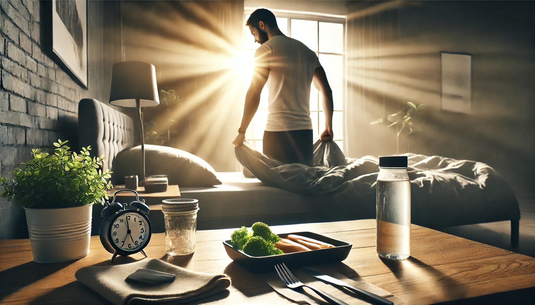 A determined man getting out of bed at sunrise, with a healthy meal and water bottle on the table, symbolizing commitment to a disciplined morning routine and a healthy diet.