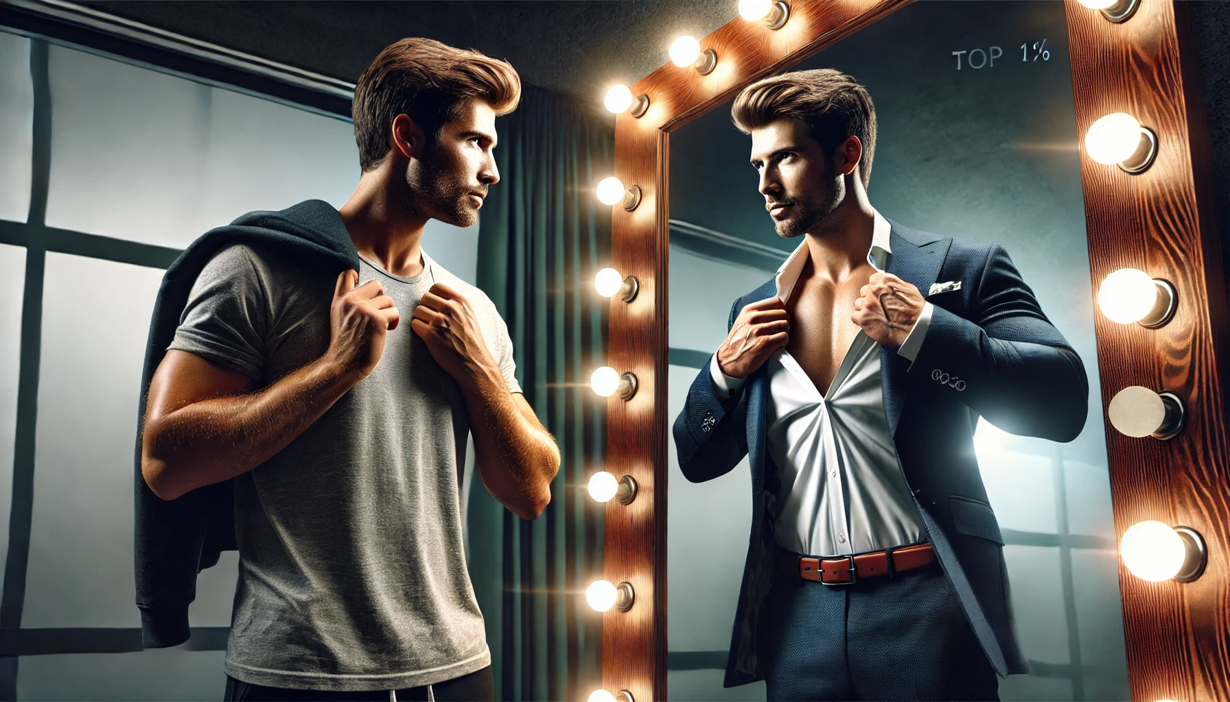 An average man looking into a mirror, seeing a polished, confident, and successful version of himself, symbolizing personal growth and transformation.